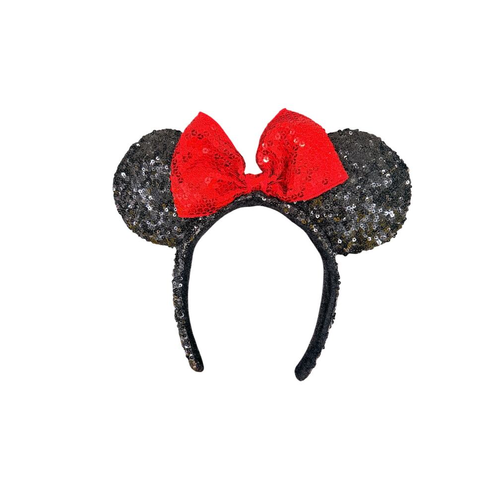 Disney Minnie Mouse Ears Headband Red Bow Black Sequin Adult